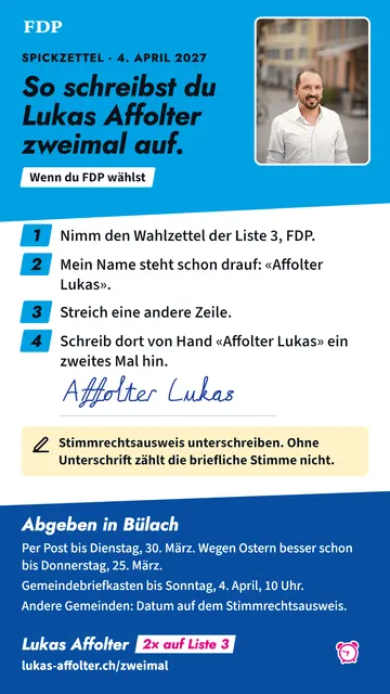 Spickzettel: Für alle, die FDP wählen. Schritte zum Ausfüllen, Stimmrechtsausweis unterschreiben, Fristen in Bülach.